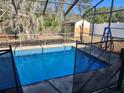 Screened-in pool with a shed in the background at 6141 Freeport Dr, Spring Hill, FL 34606