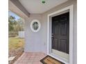 Dark-stained front door with a circular window and tiled entryway at 15920 Texarkana Pl, Spring Hill, FL 34610