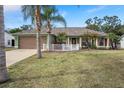 Green house with brown garage door, white fence, and palm trees in the front yard at 3497 Chadwick Ave, Spring Hill, FL 34609