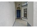 Front entrance with a blue door, hanging light, and decorative tile at 11744 Wheatfield Loop, Hudson, FL 34667