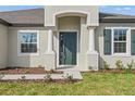 Elegant entryway with columns and a stylish green front door and shutters at 14421 Nonna Sky Drive Dr, Spring Hill, FL 34609