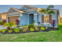 Single-story home with light blue exterior, landscaped yard, and two-car garage at 5415 Limelight Dr, Apollo Beach, FL 33572