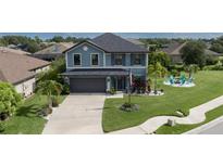 Two-story house with gray roof, blue exterior, landscaping, and driveway at 8825 52Nd E Ave, Palmetto, FL 34221