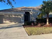 Single-story house with beige walls, brown roof, and a well-manicured lawn at 9009 Kingsbury Pl, Bradenton, FL 34212