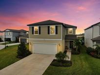 Two-story house with attached garage, landscaping, and a sunset in the background at 8220 Reefbay Cv, Parrish, FL 34219