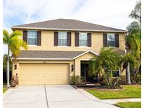 Two-story house with tan exterior, dark brown shutters, and palm trees at 4010 91St E Ave, Parrish, FL 34219