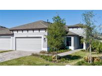 Two-car garage, gray exterior, landscaped yard, and a paved driveway at 12513 Oak Hill Way, Parrish, FL 34219