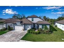 Two-story home with gray siding, brown roof, and a paved driveway at 10739 Spring Tide Way, Parrish, FL 34219