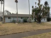 Single-story home with grey siding, mature landscaping, and a spacious yard at 461 S Florida Ave, Tarpon Springs, FL 34689