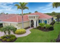 Single-story home with tile roof, landscaped yard, and two-car garage at 114 Cipriani Way, North Venice, FL 34275