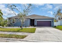 Single-story home with gray exterior, purple garage door, and landscaping at 363 64Th Avenue E Cir, Bradenton, FL 34203