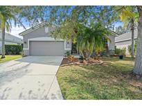 Single-story home with gray siding, attached garage, and landscaped yard at 5007 Elmhurst Ln, Palmetto, FL 34221