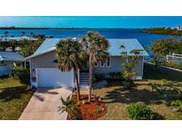 Single-story home with metal roof, two palm trees, and waterfront views at 10428 Marion St, Englewood, FL 34224