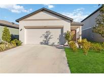 Single-story home with attached garage and landscaped front yard at 10435 Ladybug Cv, Parrish, FL 34219