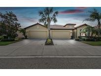 Front view of a two-story house with a three-car garage and palm trees at 314 Mystic Falls Dr, Apollo Beach, FL 33572