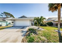 Single-story home with white garage door, landscaping, and palm trees at 1003 Lake Avoca Dr, Tarpon Springs, FL 34689