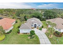 Aerial view of a beautiful home with a large backyard and surrounding neighborhood at 120 Grand Oak Cir, Venice, FL 34292