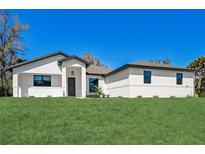 Single-story home with white exterior, dark trim, and grassy lawn at 3850 Skyway Ave, North Port, FL 34288