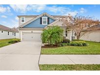 Two-story house with blue accents, a three-car garage, and a well-manicured lawn at 12213 Streambed Dr, Riverview, FL 33579