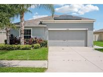 One-story home with gray siding, solar panels, and a two-car garage. Lush landscaping with palm trees and manicured lawn at 208 Cascade Bend Dr, Ruskin, FL 33570