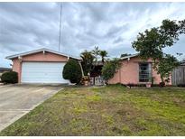 Pink house with white garage door, landscaping, and a gated entryway at 1741 Font Ln, Holiday, FL 34691