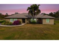 Single-story home with landscaped yard, palm trees, and a large grassy area at 15409 Waterline Rd, Bradenton, FL 34212