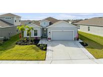 Curb appeal abounds in this charming house with a gray exterior, landscaping, and paved driveway at 6217 116Th E Ave, Parrish, FL 34219