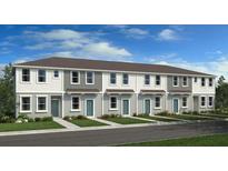 Three-unit townhome building with gray siding and teal doors at 8572 Daybreak St, Sarasota, FL 34241