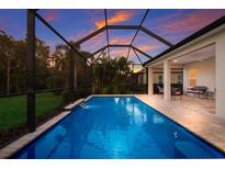 Enclosed pool with water feature at sunset at 176 Avens Dr, Nokomis, FL 34275