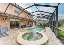 View of the pool and spa from the lanai at 223 Heritage Isles Way, Bradenton, FL 34212
