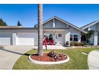 Florida home with two-car garage, palm tree, and landscaped yard at 104 Carswell Cir # 10, Sun City Center, FL 33573