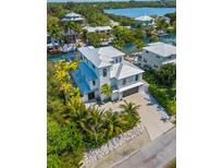 Aerial view of a waterfront home with a two-car garage and lush landscaping at 130 Burns Rd, Terra Ceia, FL 34250