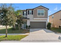 Two-story home showcasing a manicured lawn, tidy landscaping, and a welcoming entrance with attached two-car garage at 6218 Apple Snail Ave, New Port Richey, FL 34653