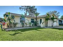 Landscaped front yard featuring well-maintained lawn and tropical plants framing the charming one-story home at 2407 Amanda Dr, Sarasota, FL 34232