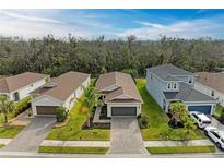 Aerial view of a new home community, showcasing several houses and landscaping at 5866 Bungalow Grove Ct, Palmetto, FL 34221