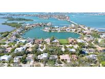 Stunning aerial view of waterfront homes with lush landscaping and ocean access at 3705 Tangier Ter, Sarasota, FL 34239