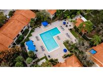 Aerial view of a community pool with lounge chairs and umbrellas at 4053 Crockers Lake Blvd # 2418, Sarasota, FL 34238