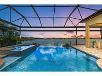 Stunning screened pool boasts a tranquil lake view, an attached spa, and seamless zero-edge design at 272 Maraviya Blvd, Nokomis, FL 34275