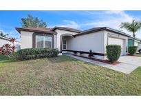 Charming single-story home with well-maintained front yard and attached garage, situated under a clear, sunny sky at 13227 Prestwick Creek Dr, Riverview, FL 33579
