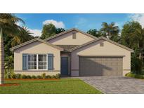 One-story home with two-car garage, landscaping, and light taupe exterior at 1437 Powell Valley Dr, Port Charlotte, FL 33953