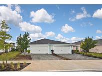 Two-car garage, light teal exterior, and landscaped yard at 17764 Palmetto Pass Ln, Punta Gorda, FL 33982