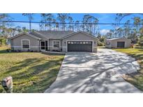 Charming single story house with gray exterior, attached garage, and long concrete driveway at 4175 Horseshoe Ave, North Port, FL 34286