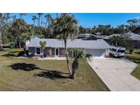 Charming single-story home with a large driveway and mature palm trees in a well-maintained yard at 21192 Knollwood Ave, Port Charlotte, FL 33952