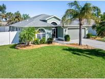 Single-story house with a green exterior, landscaping, and palm trees at 126 Spur Dr, Rotonda West, FL 33947