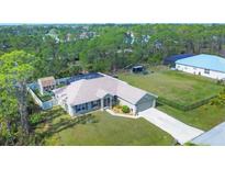 Beautiful aerial view of home with a large lot, screened pool, and mature trees in the backyard at 8205 Chico St, Port Charlotte, FL 33981