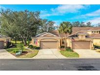 Attractive tan two-car garage villa with manicured landscaping and American flags at 2211 Preservation Dr # 2211, Plant City, FL 33566