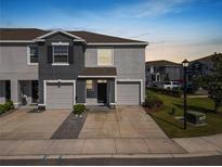 Charming townhome featuring a gray facade, attached garages, and neatly landscaped front yard at 8680 Falling Blue Pl, Riverview, FL 33578