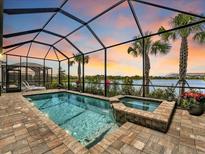 Relaxing pool and spa with screened enclosure overlooking a lake at sunset at 25509 Royal Tern Ln, Englewood, FL 34223