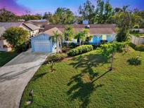 Attractive light blue house with a well-manicured lawn and driveway at 1237 Schooner Ln, Venice, FL 34285