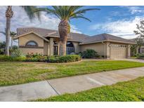 Tan house with tile roof, palm tree, landscaped yard, and driveway at 4621 Gaeta Dr, Venice, FL 34293